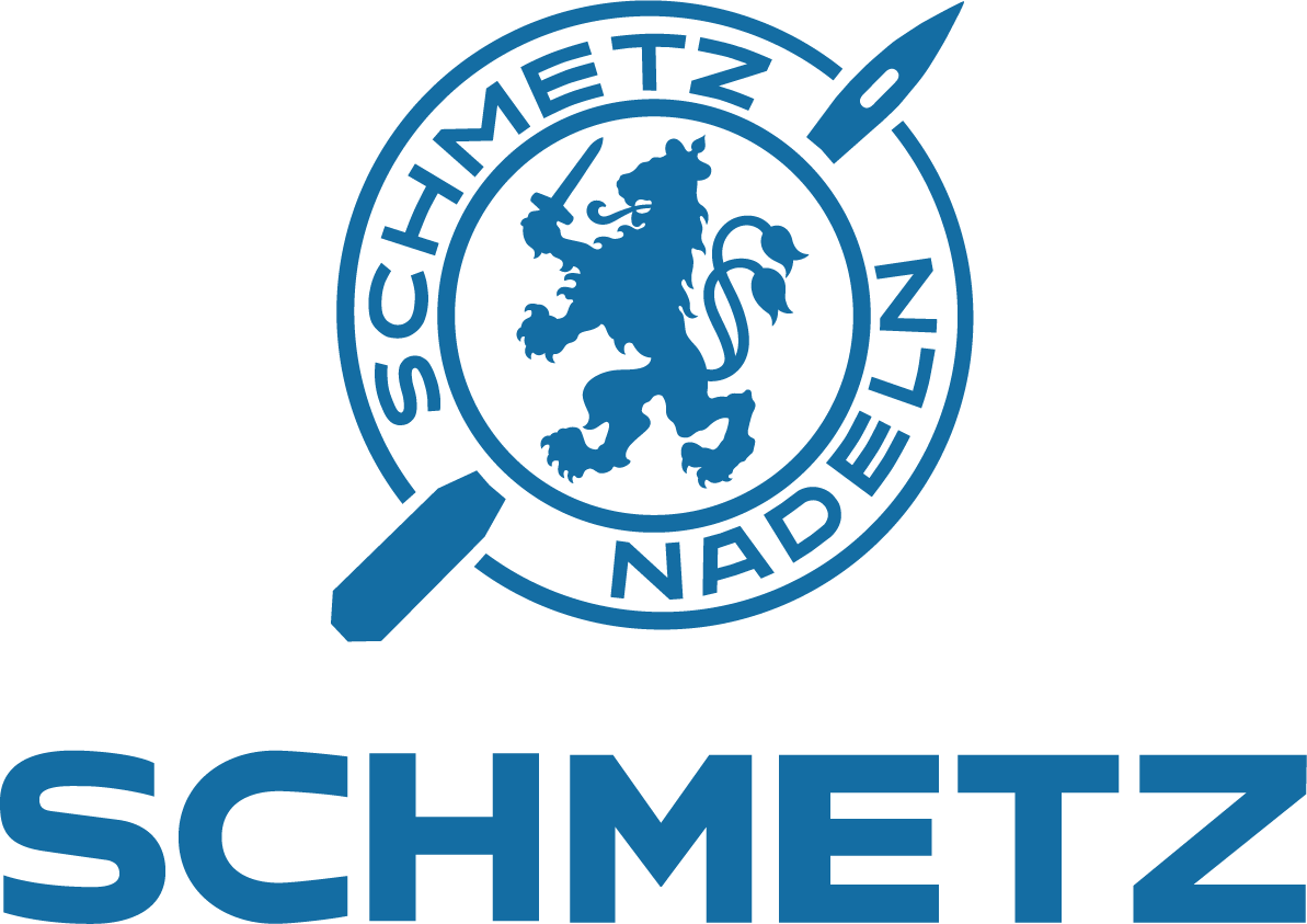 A logo featuring a blue lion holding a sword inside a circle with the words 'SCHMETZ NED,' with a sewing needle crossing through the circle, and the word 'SCHMETZ' in bold blue letters below.
