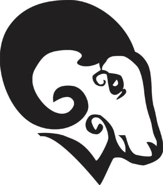 Black and white illustration of a ram's head with curved horns and stylized features.