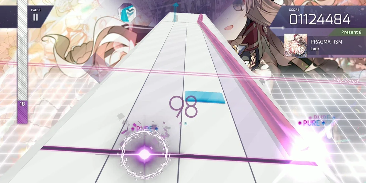 Screenshot of a rhythm video game with a futuristic interface and anime-themed artwork in the background.