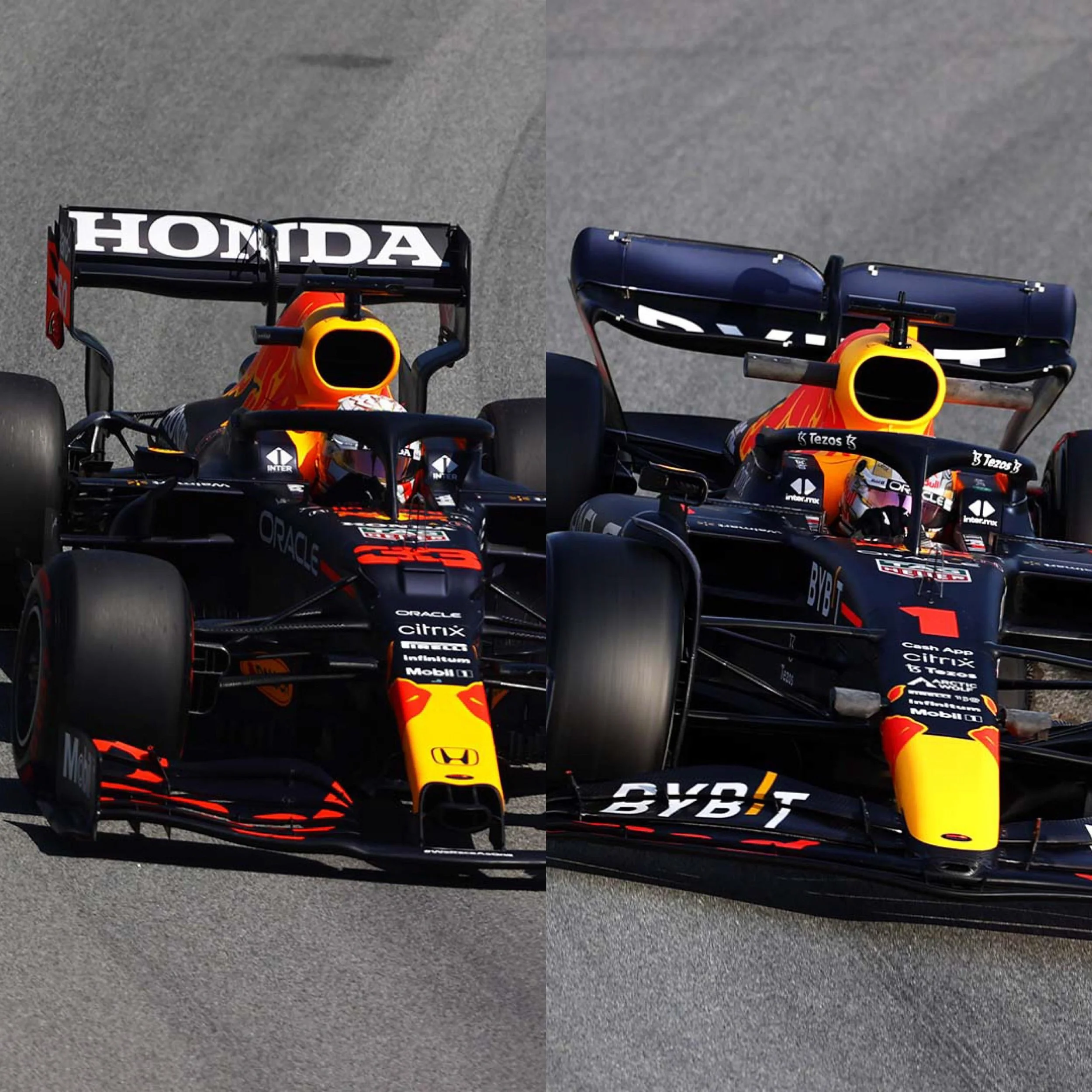 Two Formula 1 race cars with black and yellow livery on a track, with one displaying the Honda logo on its rear wing.