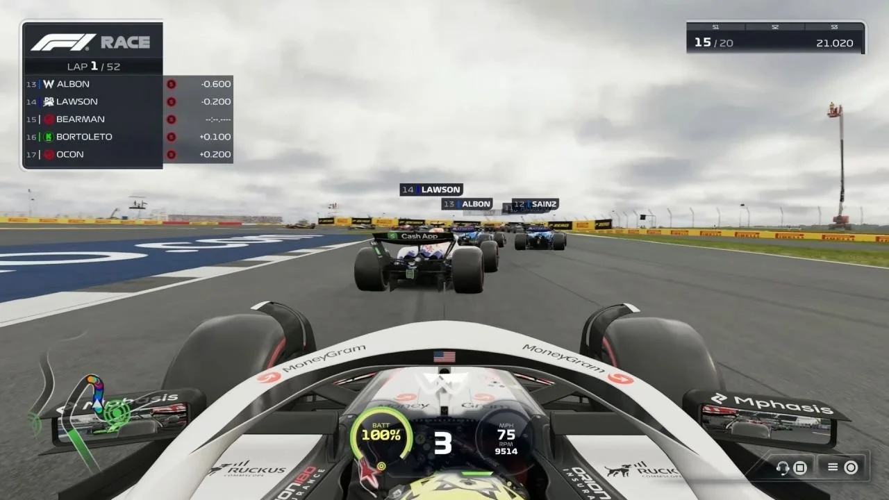 In a race car driving video game, the player is leading a pack of cars on a track with multiple racing cars visible ahead. The cockpit view shows various stats like speed, battery level, lap number, and position.