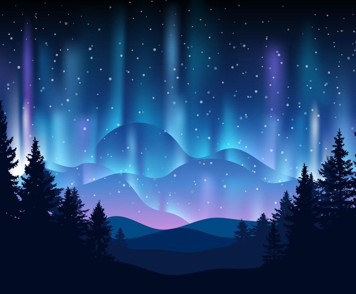 Digital illustration of the northern lights over mountains and pine trees at night.