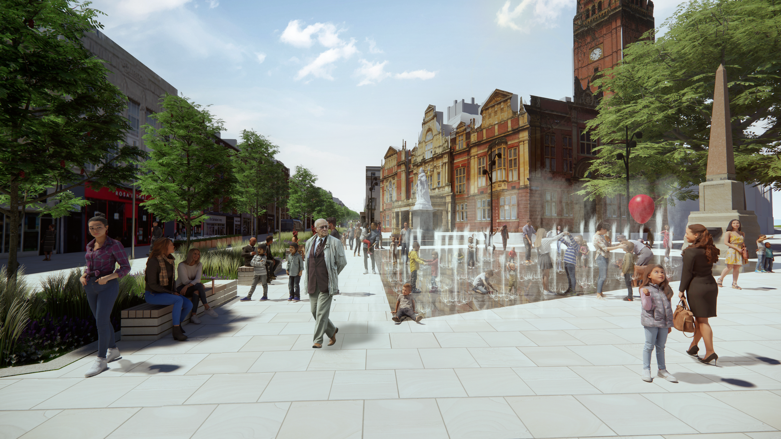 City square with a fountain, people walking, sitting, and children playing, surrounded by green trees and historic buildings.