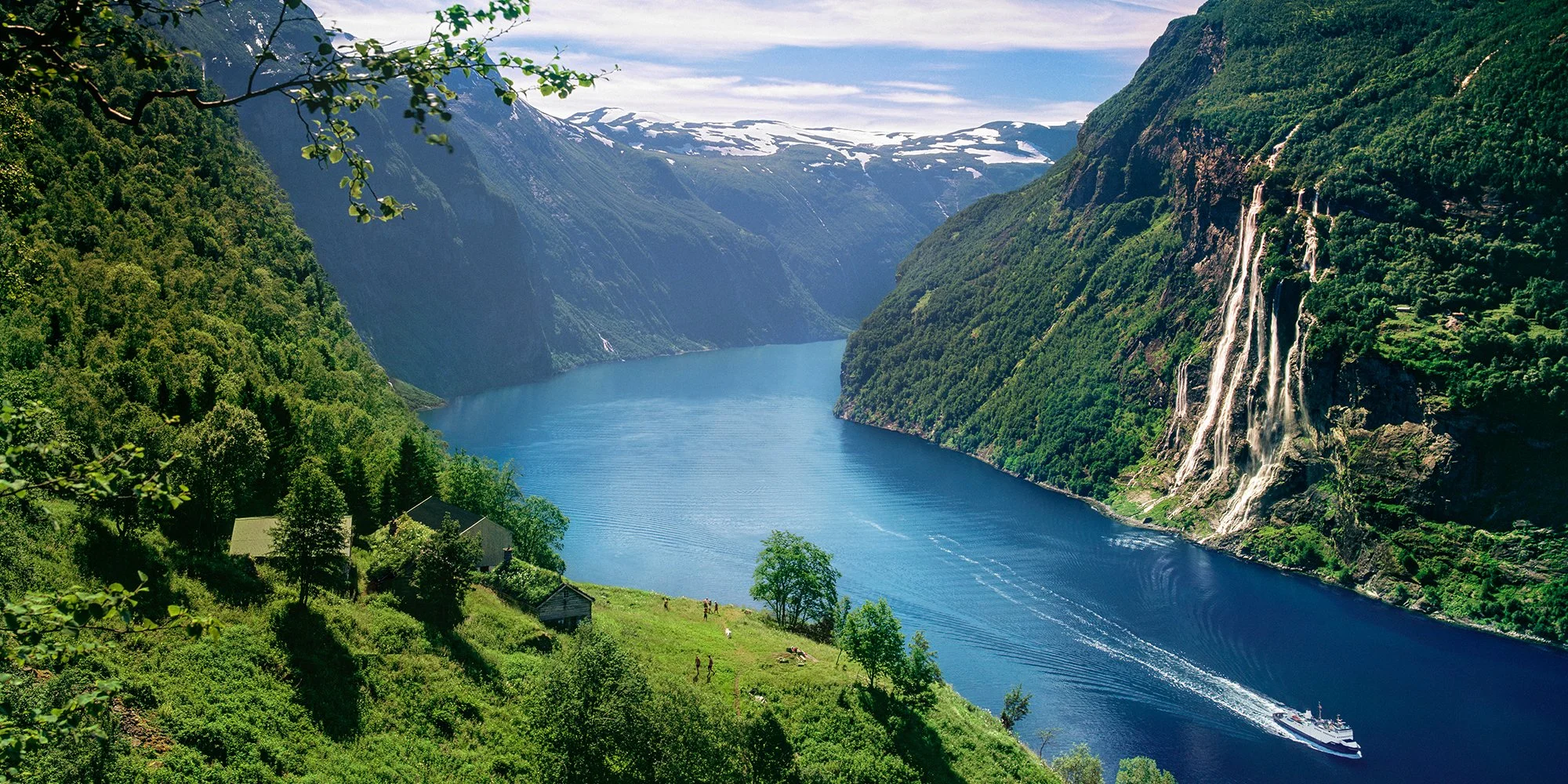 A scenic fjord landscape with a boat sailing on blue water, green mountains with waterfalls, and a partly cloudy sky.
