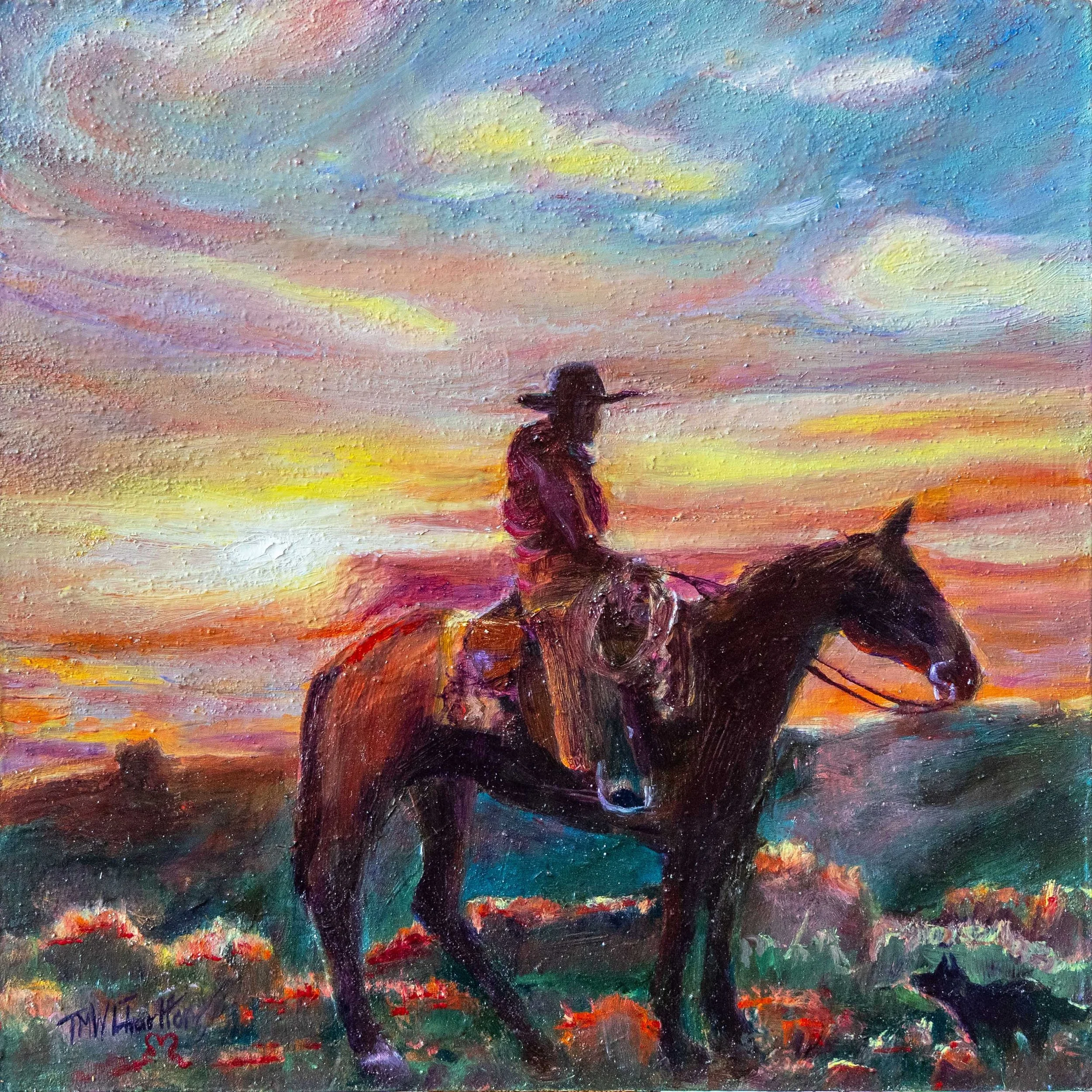 A painting of a person riding a horse at sunset, with a colorful sky and a small black dog nearby.