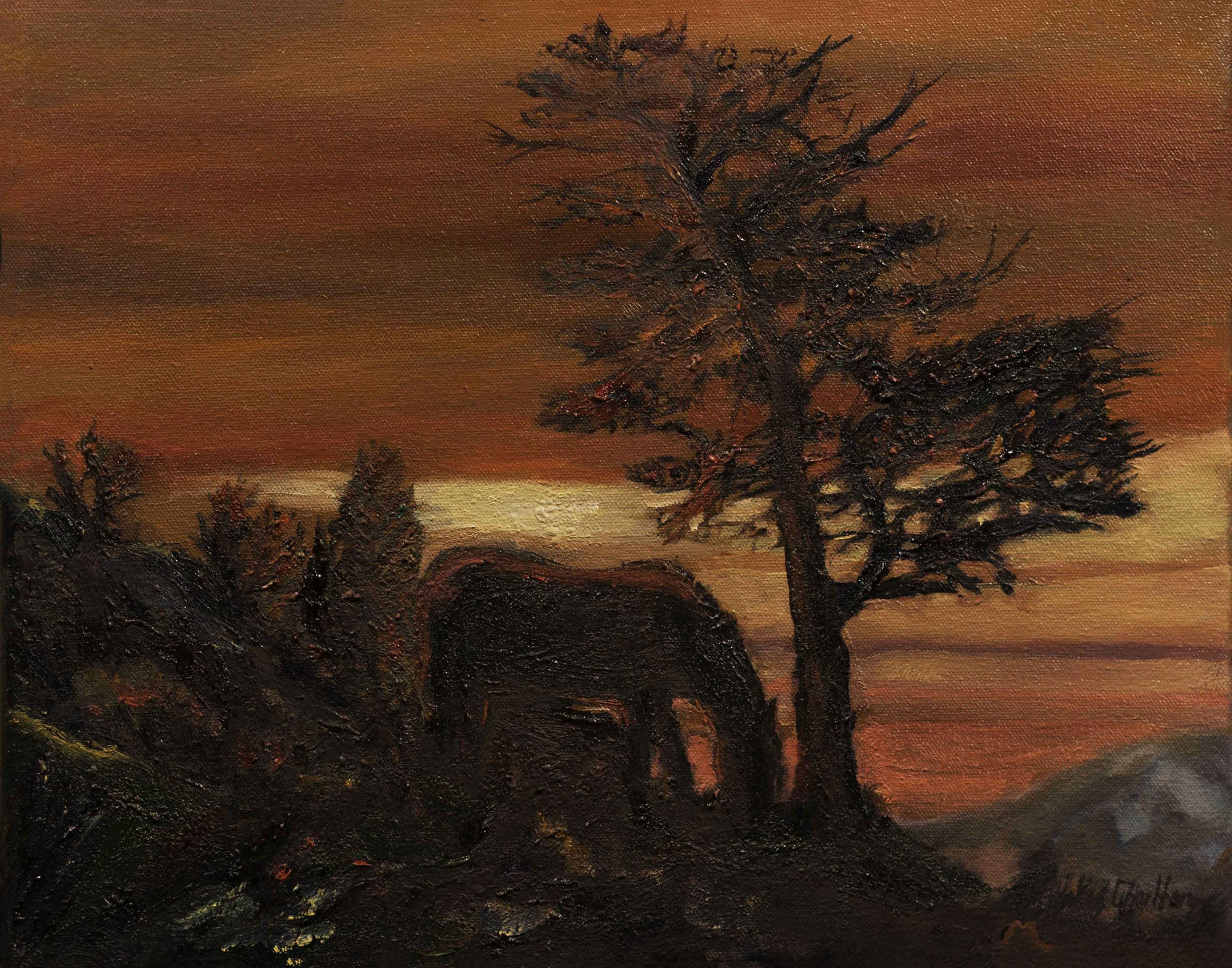 Painting of a sunset with a dark landscape, a large pine tree, and a horse silhouette.