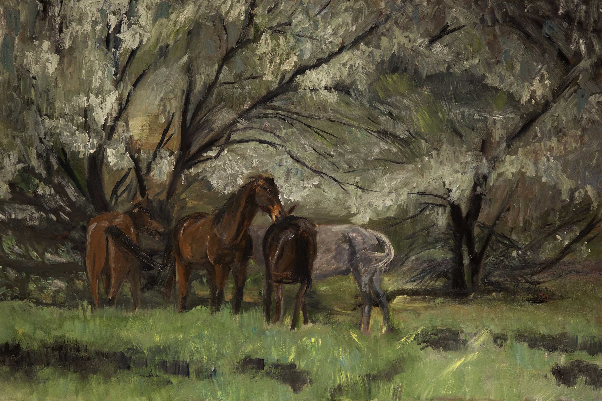 An oil painting of three horses grazing under trees with broad branches and dense foliage in a grassy field.