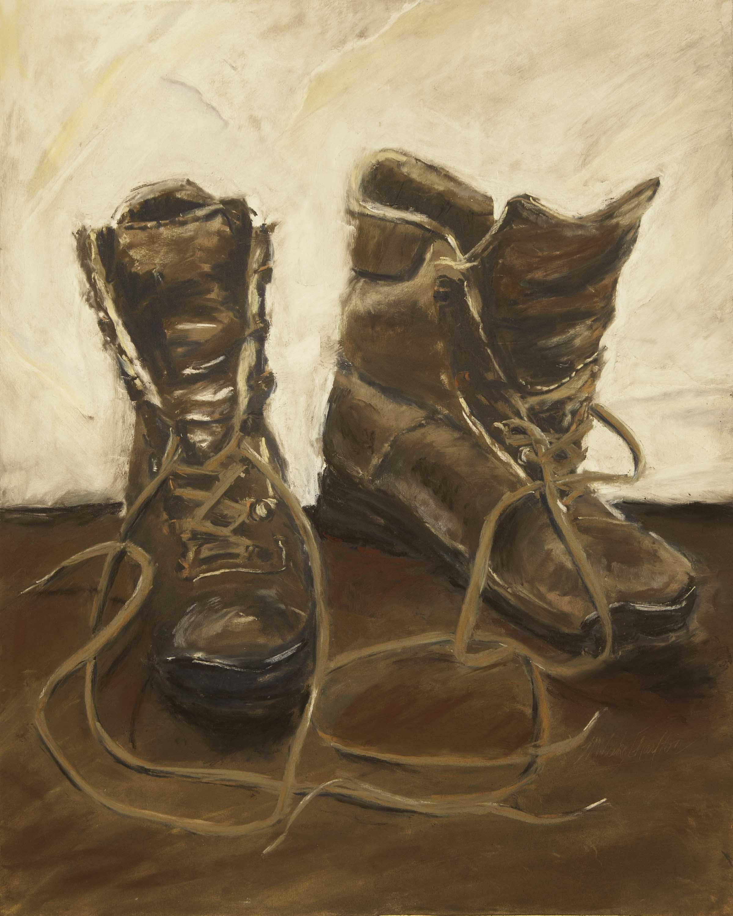 A painting of a pair of worn, brown leather work boots on a wooden surface against a plain wall.
