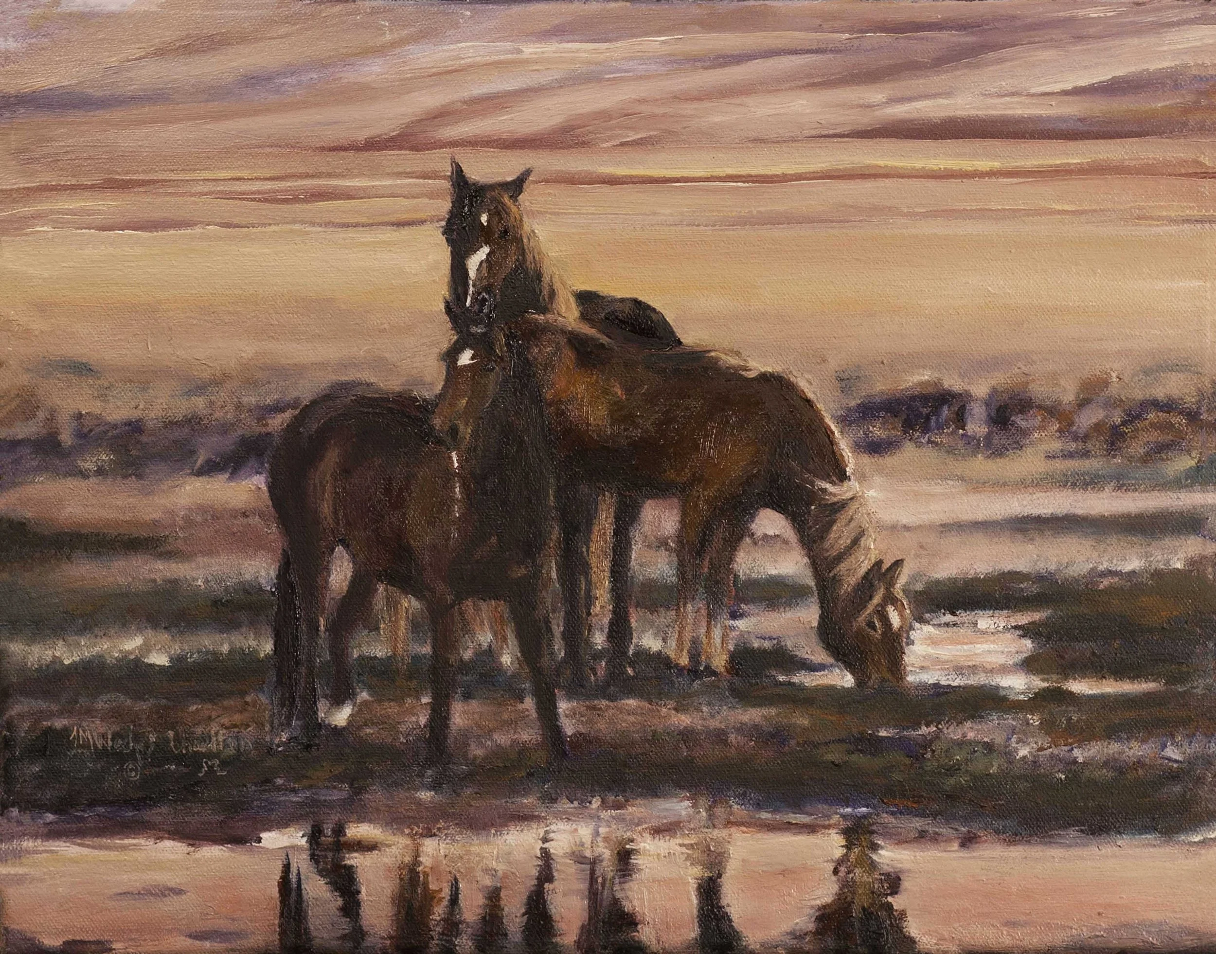 A painting of three horses grazing on a sunset-lit field near water, with pink and purple sky and reflected light on the ground.