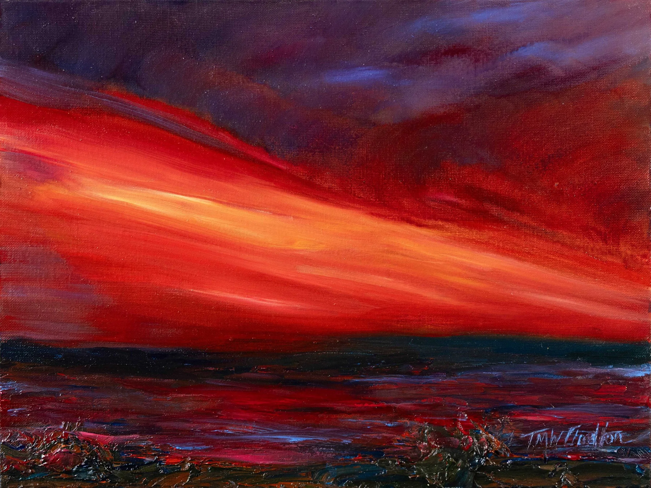 A vibrant abstract painting of a fiery sunset over turbulent water, with dramatic red, orange, purple, and dark hues.