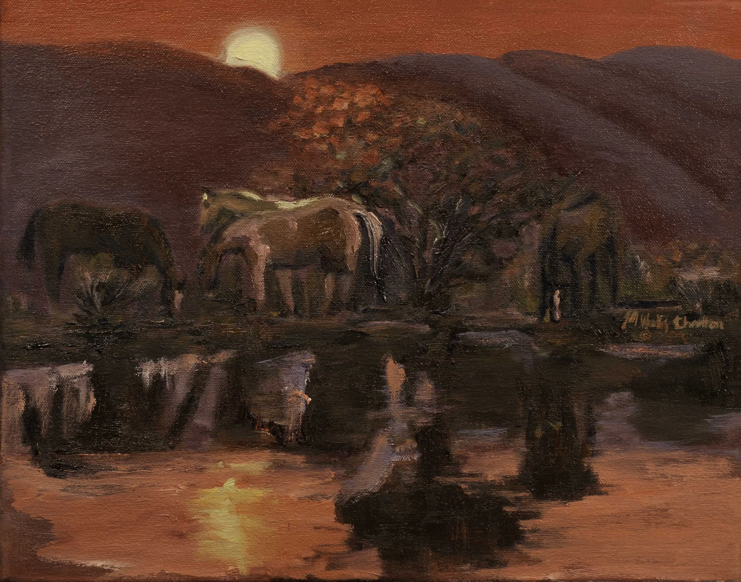 Painting of a sunset over a river with three elephants near trees, reflected in the water.