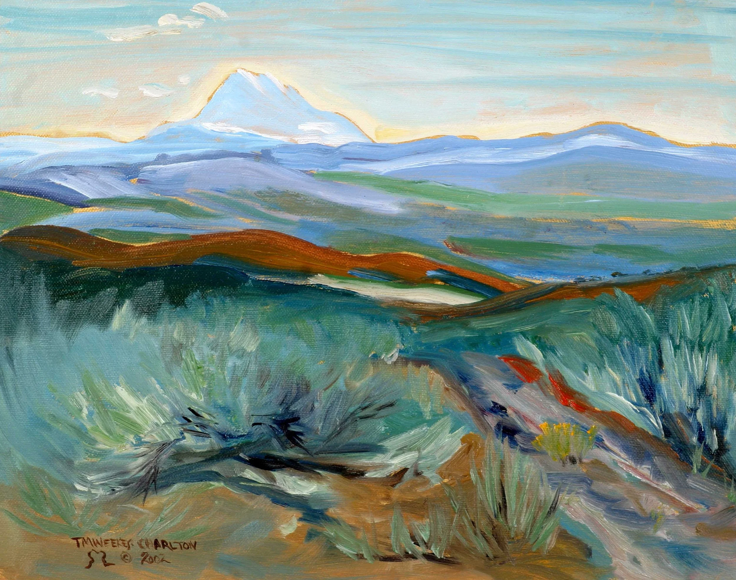 A landscape painting of mountains, including a snow-capped peak in the distance, with rolling hills and green vegetation in the foreground.