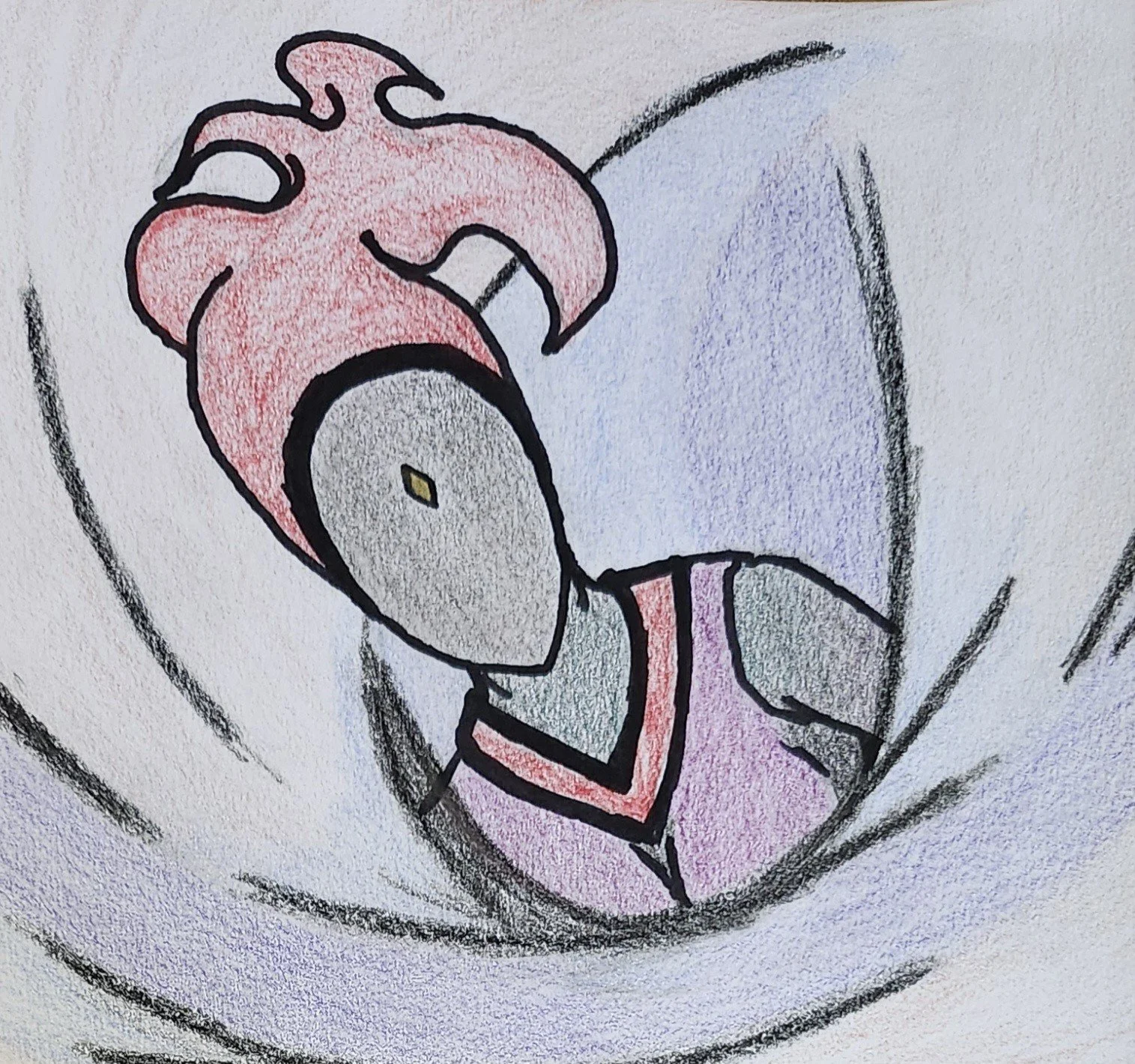 Colored pencil drawing of a stylized girl with pink hair, wearing a pink and gray outfit, with a faceless computer mouse as her face, inside a swirl or vortex background.