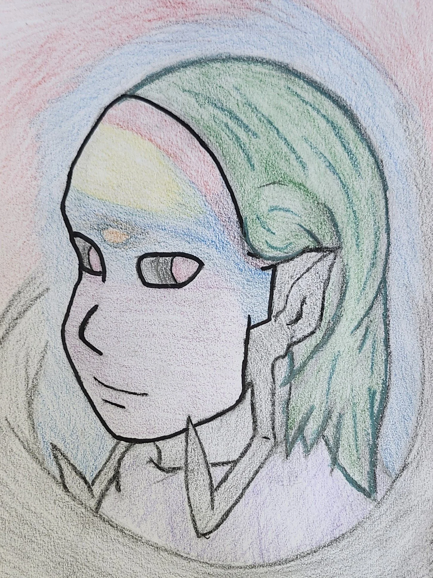 Drawing of a person with rainbow-colored hair, wearing glasses, and a face mask, with a background of soft pastel colors.