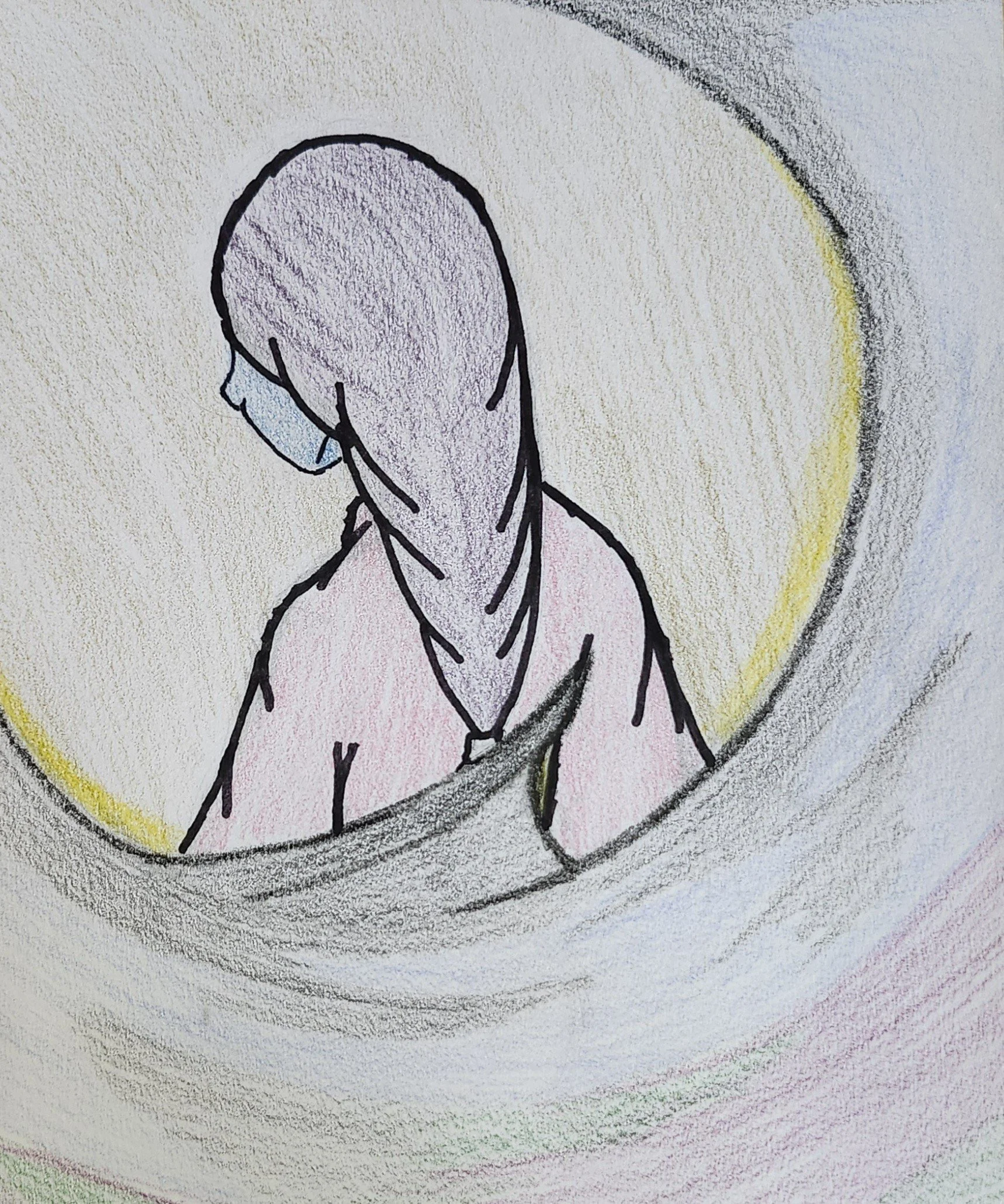 A colored pencil drawing of a person with short hair, wearing a face mask, and looking downward, viewed through a circular window or mirror with a yellow and gray background.