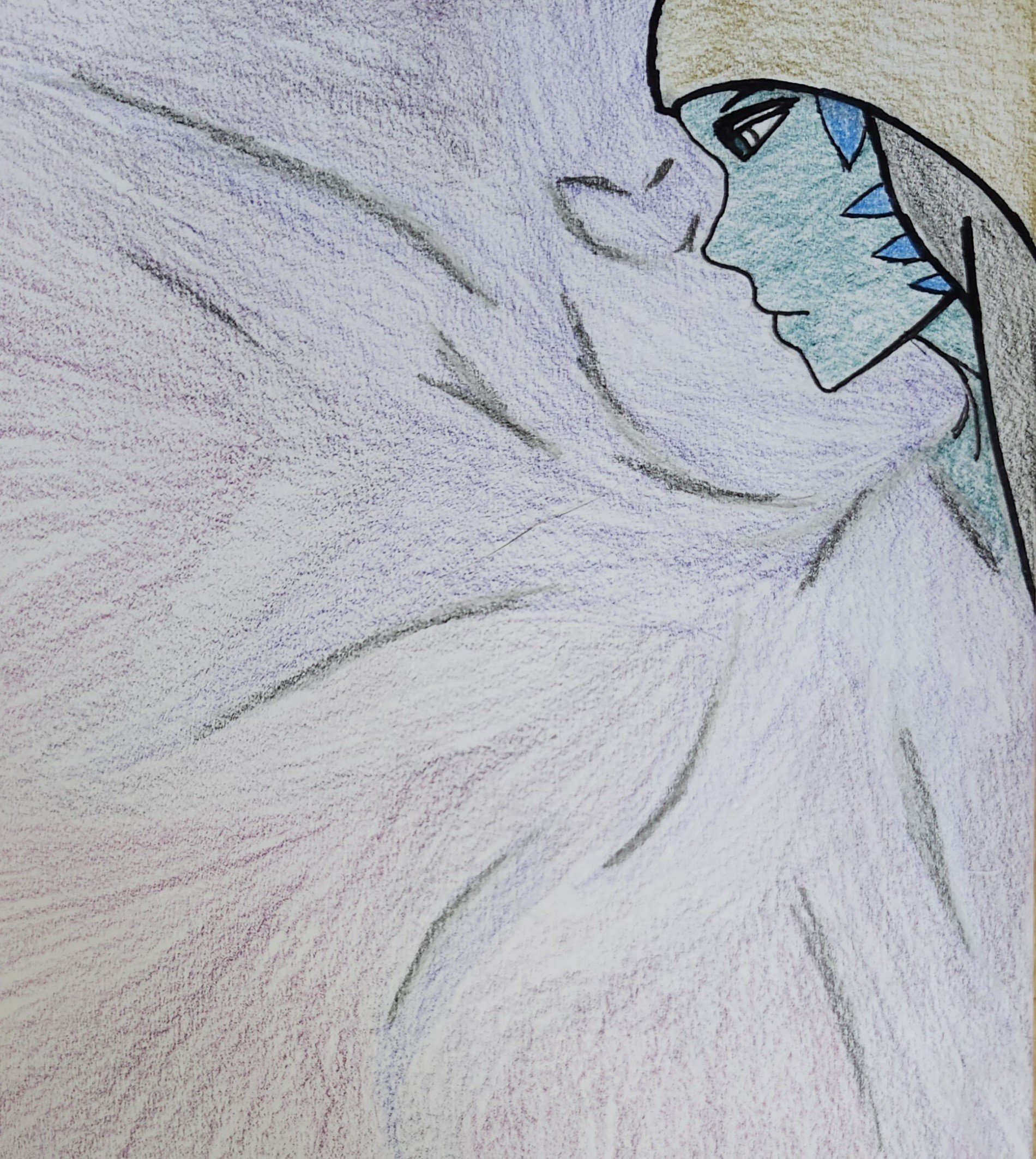 A colored pencil drawing of a woman with light skin and long hair, facing a white wolf in a close, intimate moment.