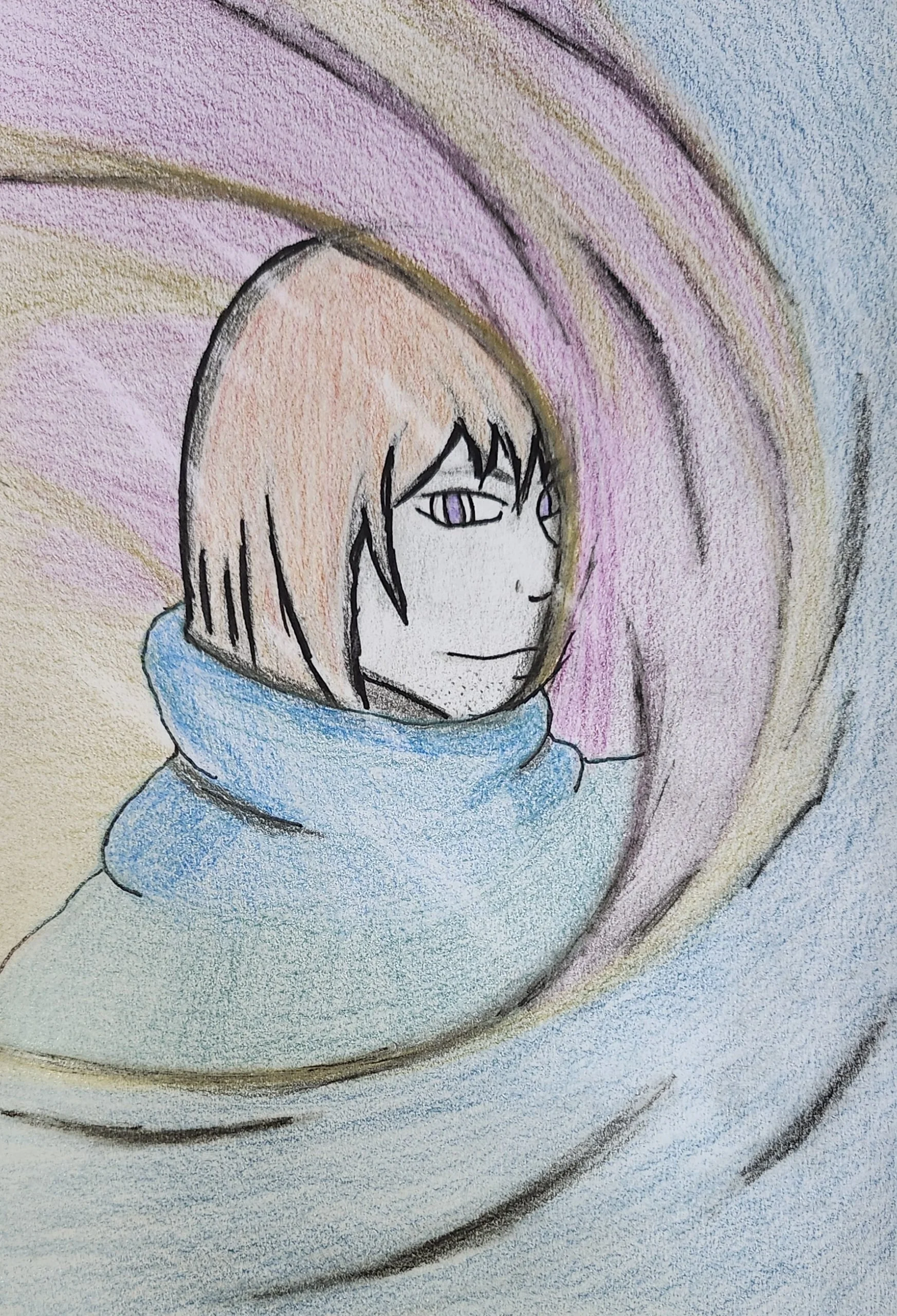 Drawing of a person with brown hair and purple eyes, wrapped in a blue scarf, surrounded by swirling pastel colors.