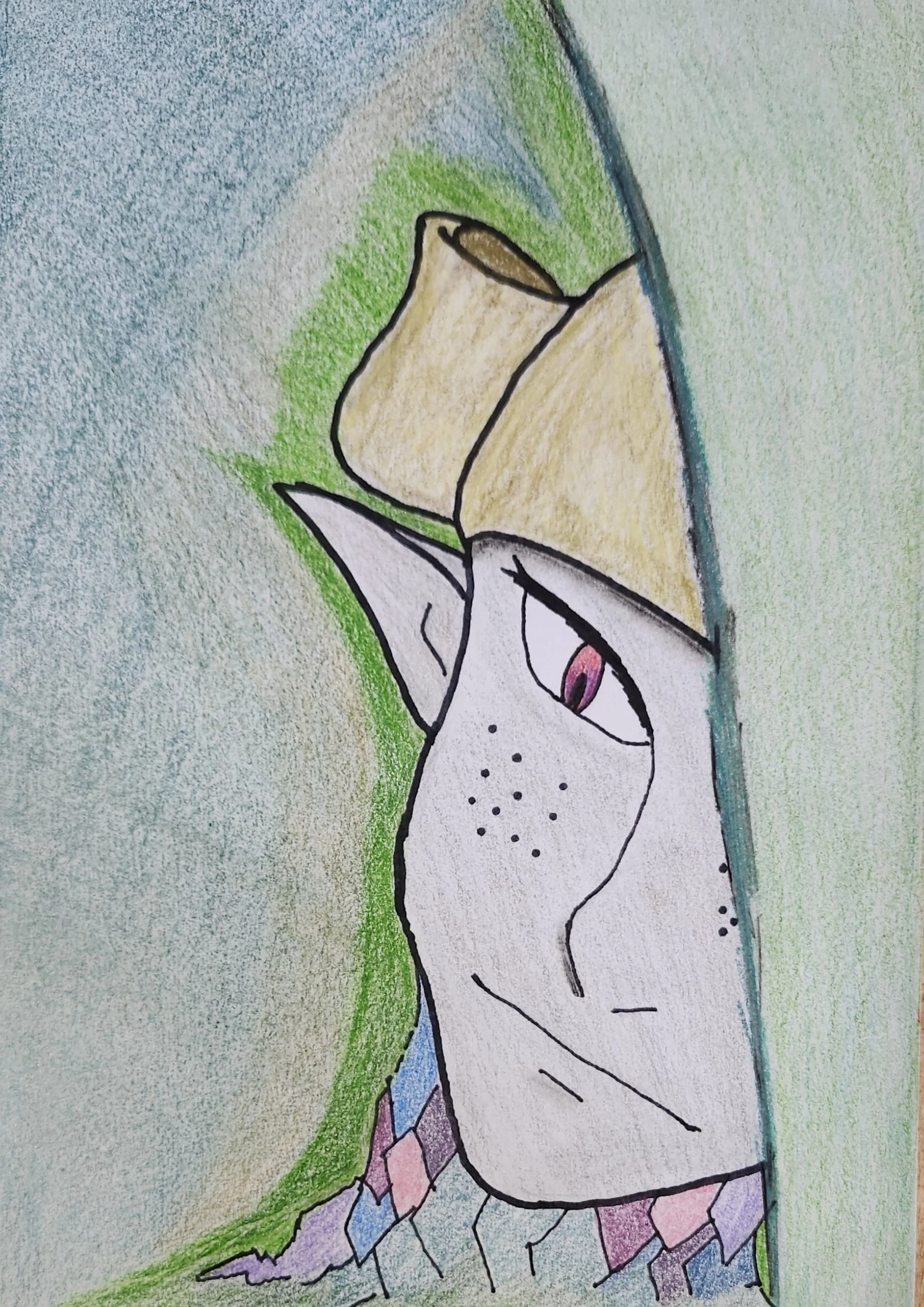 A colored drawing of a fantasy creature with a horse-like face, pointed ears, purple eyes, and a horn on its head. It has a pattern of small black dots on its face, a conversant expression, and a colorful, patchwork-like pattern on its neck. The background features a mix of green, blue, and beige colors.