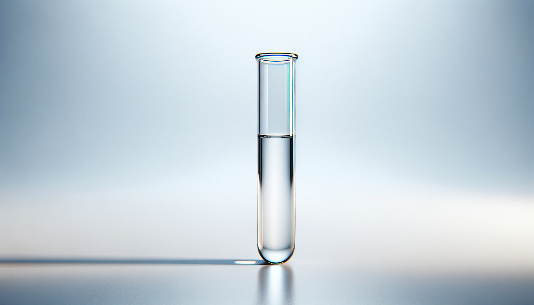 A single glass test tube partially filled with a clear liquid, placed on a white surface with a soft gradient background.