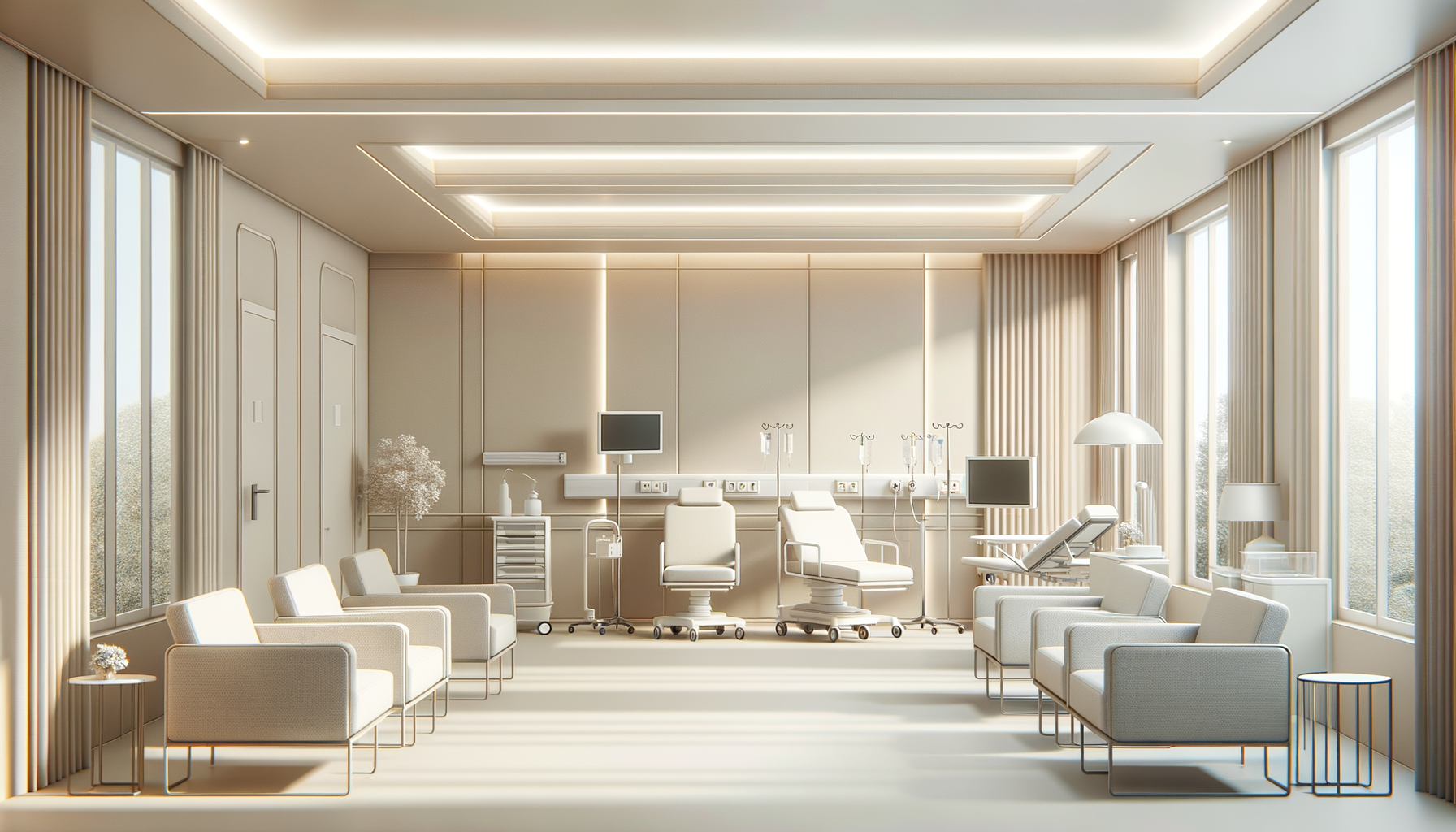 Bright and spacious hospital or medical room with chairs, medical equipment, and large windows letting in natural light.