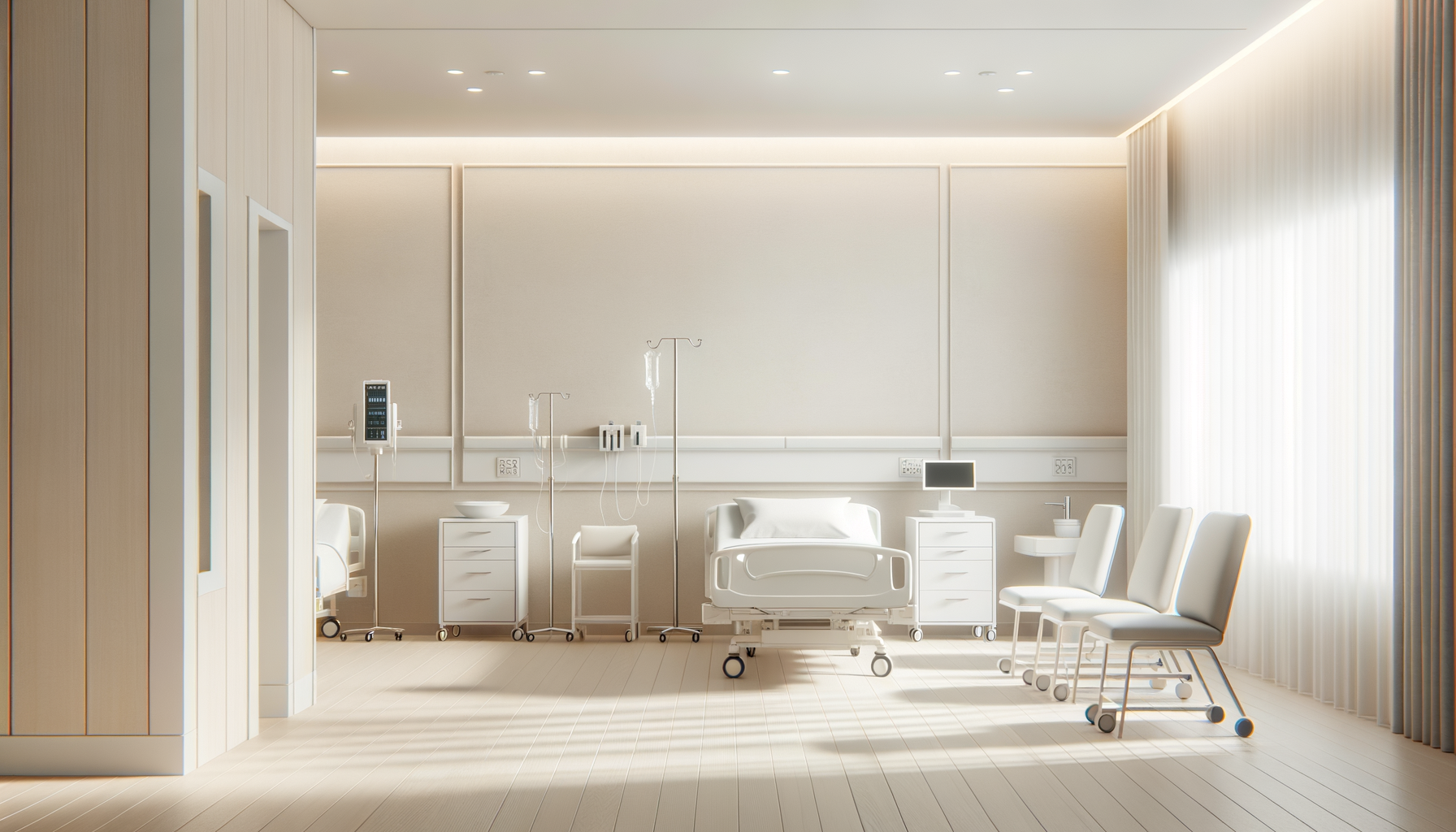 Empty hospital room with a bed, medical equipment, and chairs near a large window with blinds.