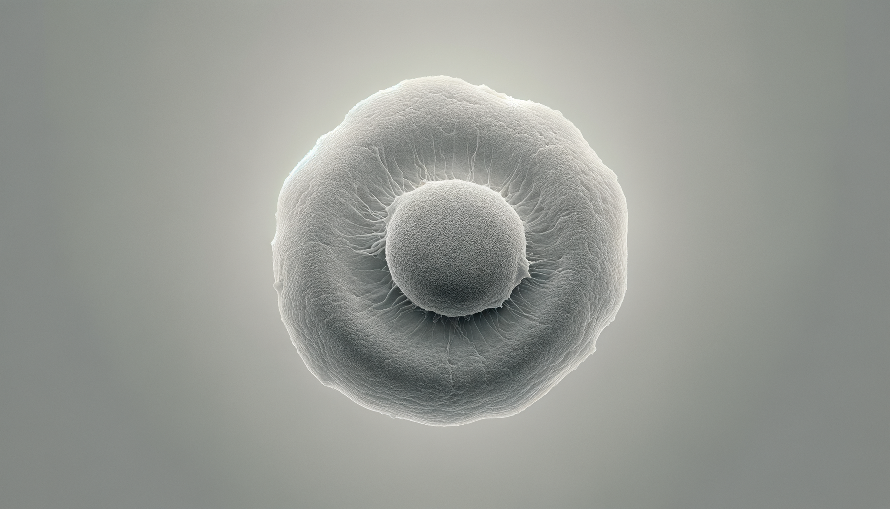 A highly magnified, grayscale digital illustration of a human embryo or cell structure with a spherical core surrounded by a textured outer layer with fine filaments.