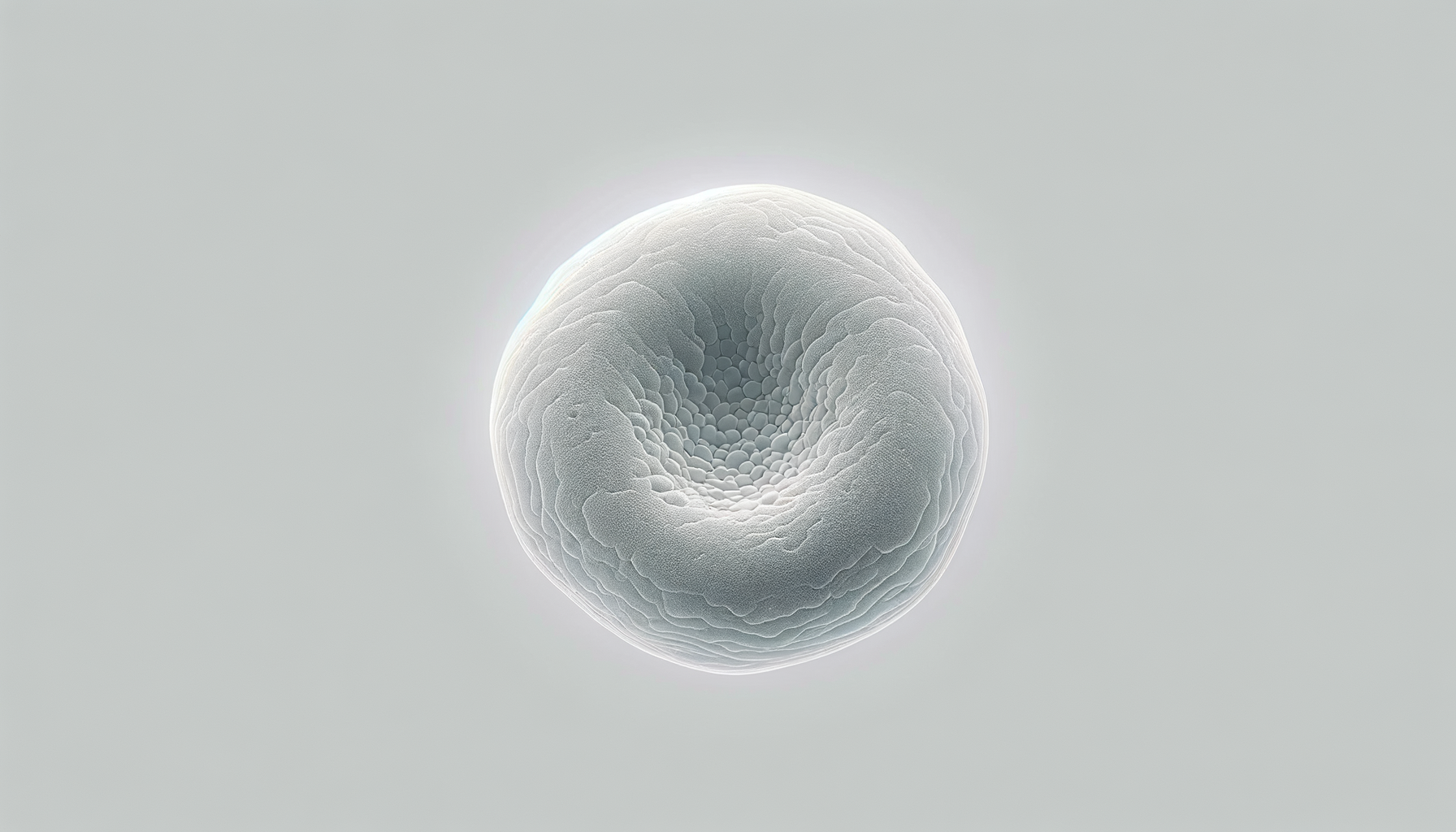 A close-up digital illustration of a spherical, textured object with a hollow or indented center, resembling a cell or biological structure, set against a plain light gray background.