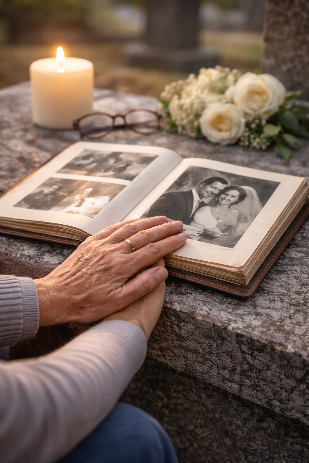 A person holding a photo album open on a stone surface with black and white wedding pictures, a lit candle, a pair of glasses, and a bouquet of white roses nearby.