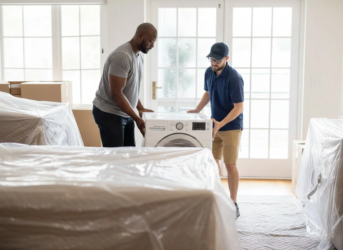 Two men unpacking a washing machine in a bright room with large windows, surrounded by furniture covered with plastic.