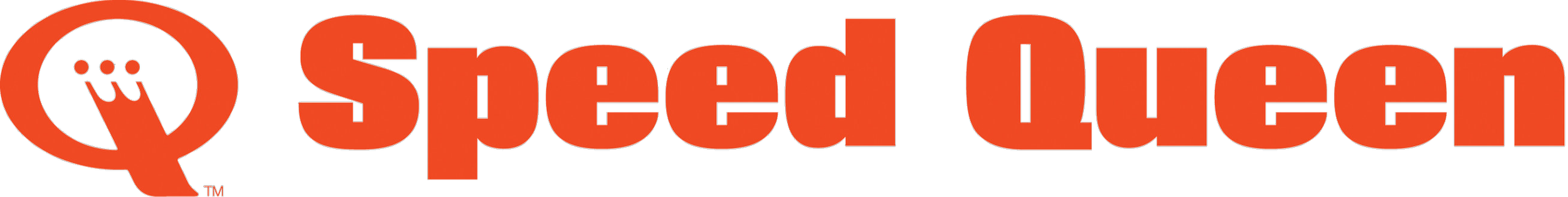 Logo of Speed Queen with an orange circular icon featuring a stylized hand with three fingers, and the words "Speed Queen" in bold orange letters.