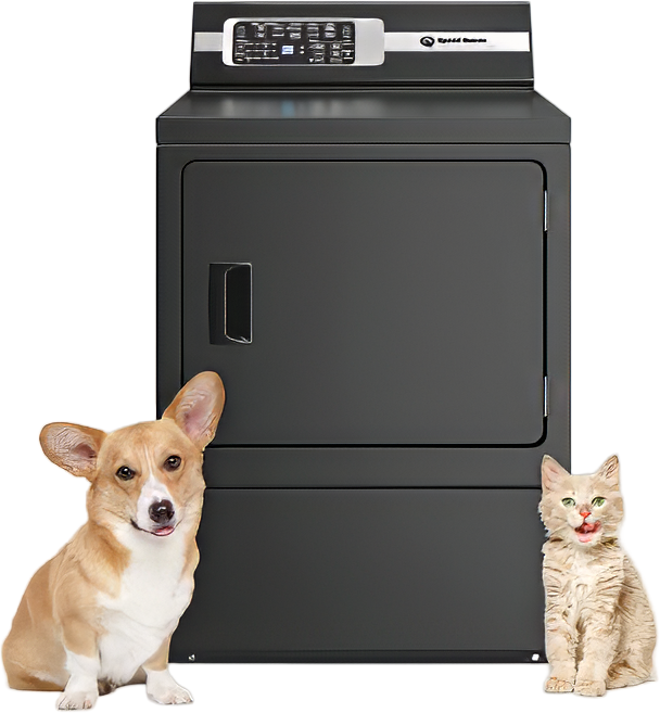 A black top-load washing machine with a digital control panel on top, next to a dog and a cat standing in front of it.