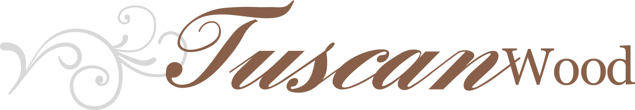Decorative logo with the text 'Tuscaloosa Wood' in brown font, featuring ornate embellishments and swirls around the words.