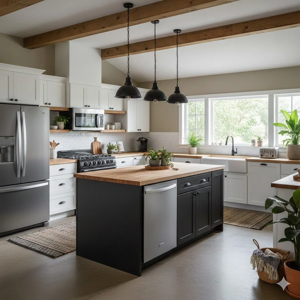 A modern kitchen with white cabinets, a black kitchen island with a wooden top, stainless steel appliances, and green potted plants near large windows allowing natural light.