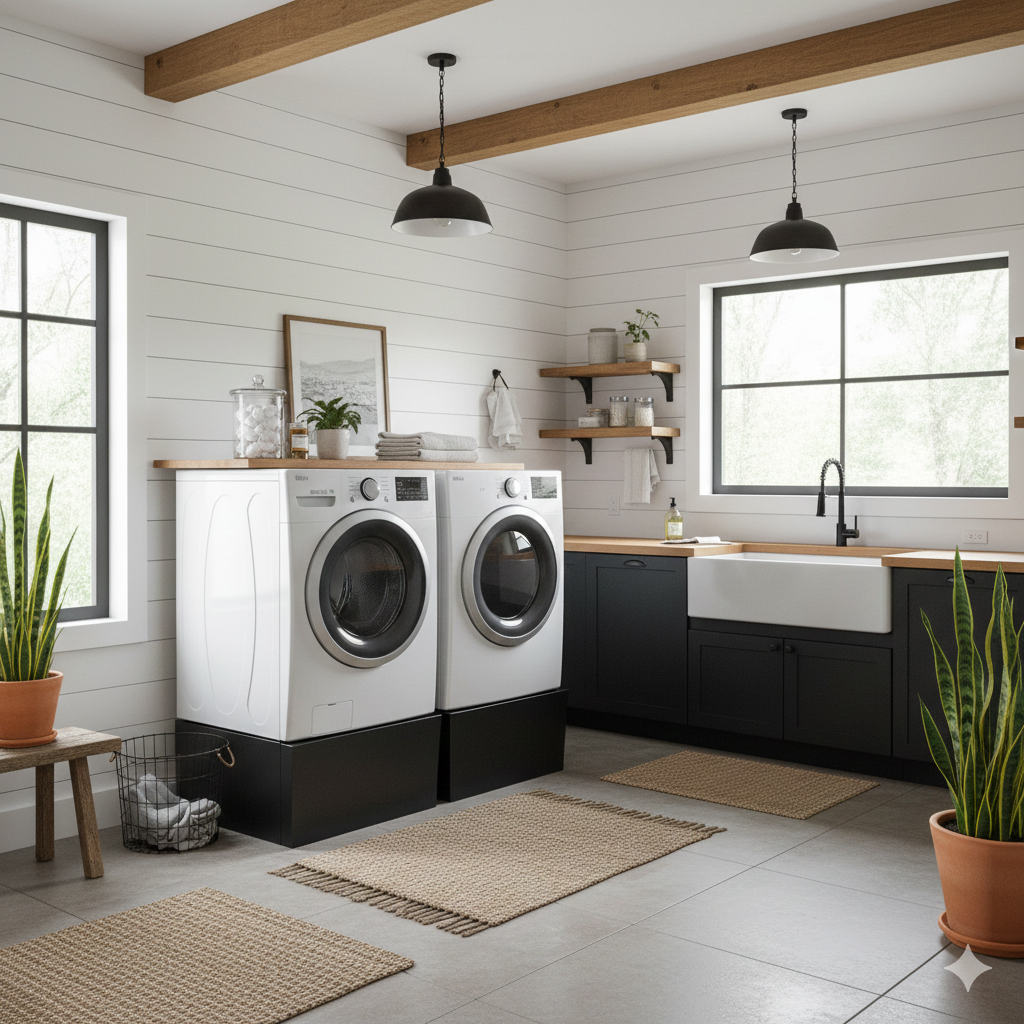 Modern laundry room with white walls, wooden beams on ceiling, black and white washing machine and dryer, black cabinets, large window, farmhouse sink, shelves with jars, potted plants, and rugs on tiled floor.