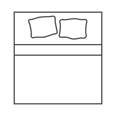 Line drawing of a bed with two pillows and a blanket.