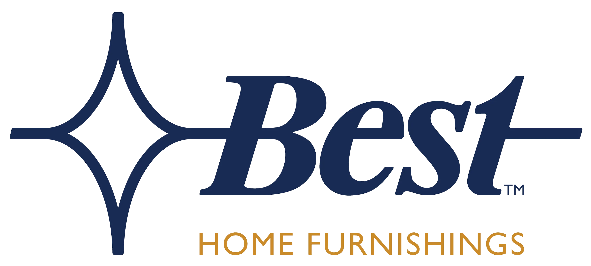 Logo for Best Home Furnishings, featuring a stylized compass and the words "Best Home Furnishings" in gold and navy blue.