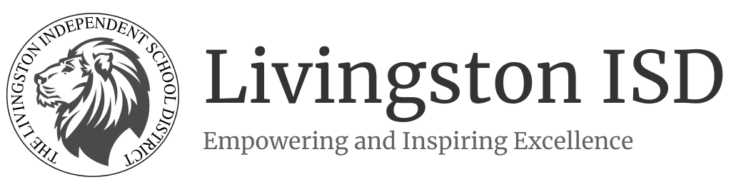 The Livingston Independent School District logo featuring a lion's head in a circle with the district name, alongside the slogan 'Empowering and Inspiring Excellence.'