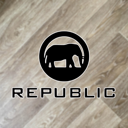 Logo with an elephant inside a circle above the word "REPUBLIC" on a wooden floor background.