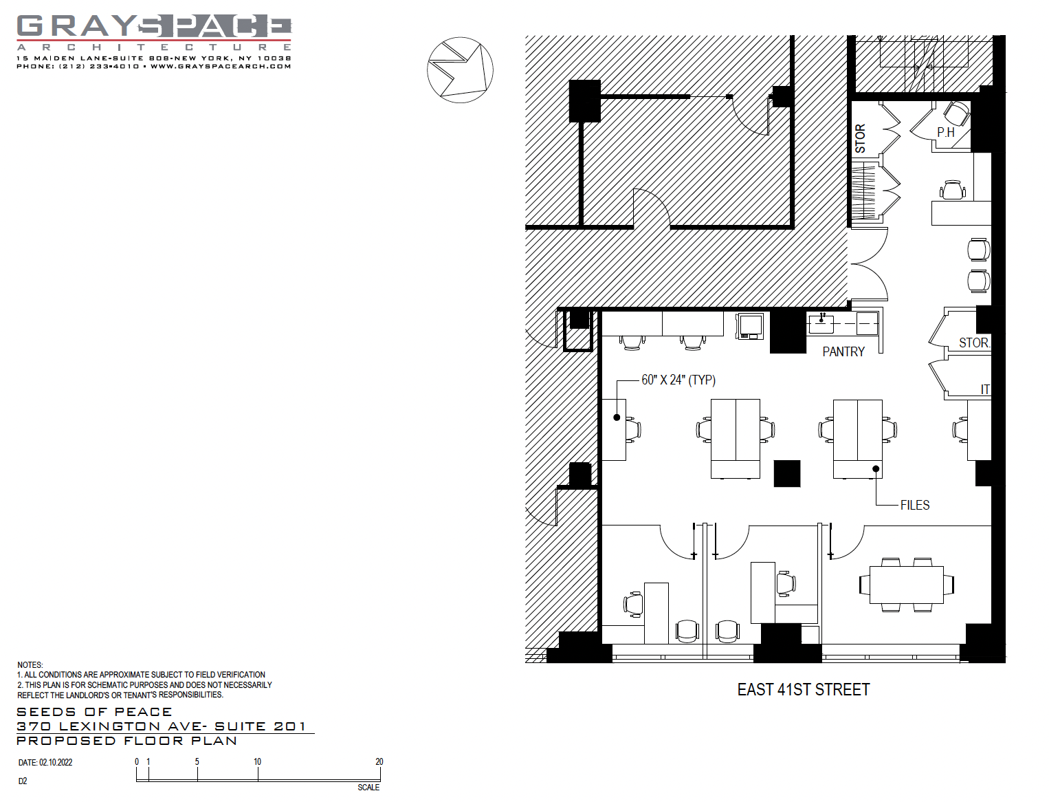 Architectural floor plan of an office space with labeled rooms including pantry, storage, files, IT, and a restroom. It also shows a main working area with four desks and additional office rooms, with East 41st Street at the bottom.