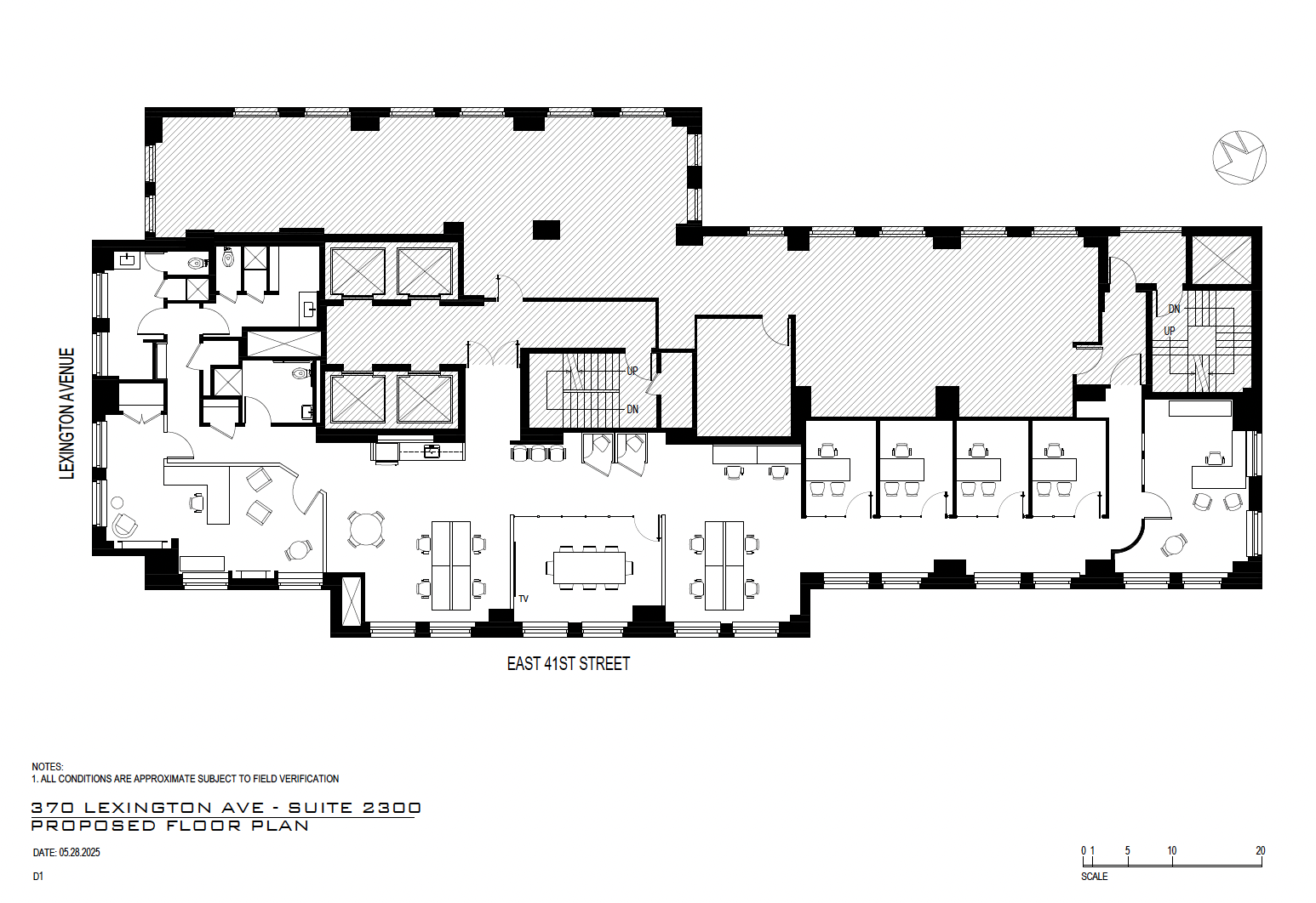 Architectural floor plan for 370 Lexington Ave, Suite 2300, showing various rooms including offices, conference rooms, restrooms, elevator shafts, staircase, and common areas, with streets labeled as Lexington Avenue and East 41st Street.