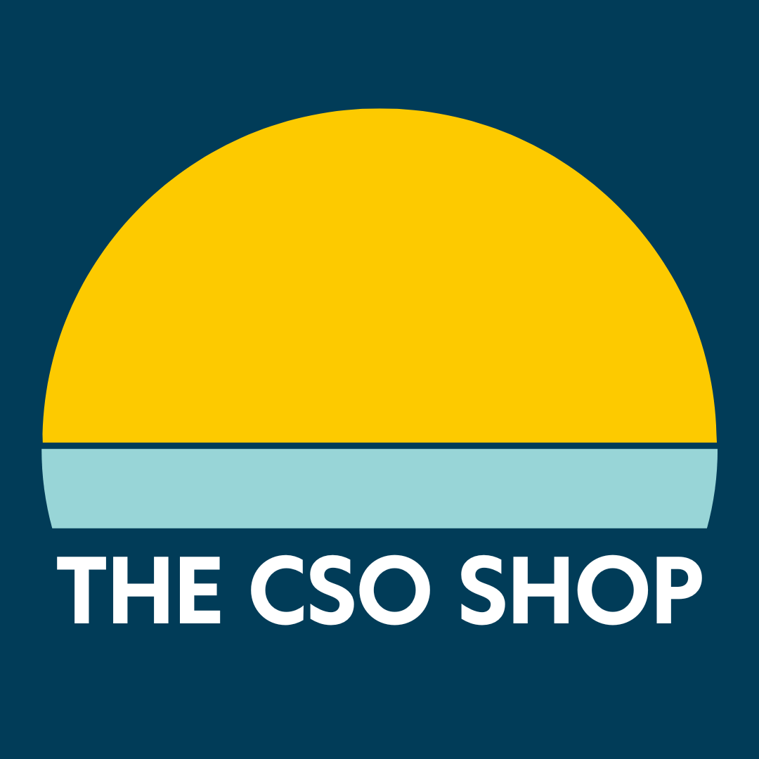 Logo of The CSO Shop featuring a yellow semicircle, a light blue bar, and white text on a dark blue background.