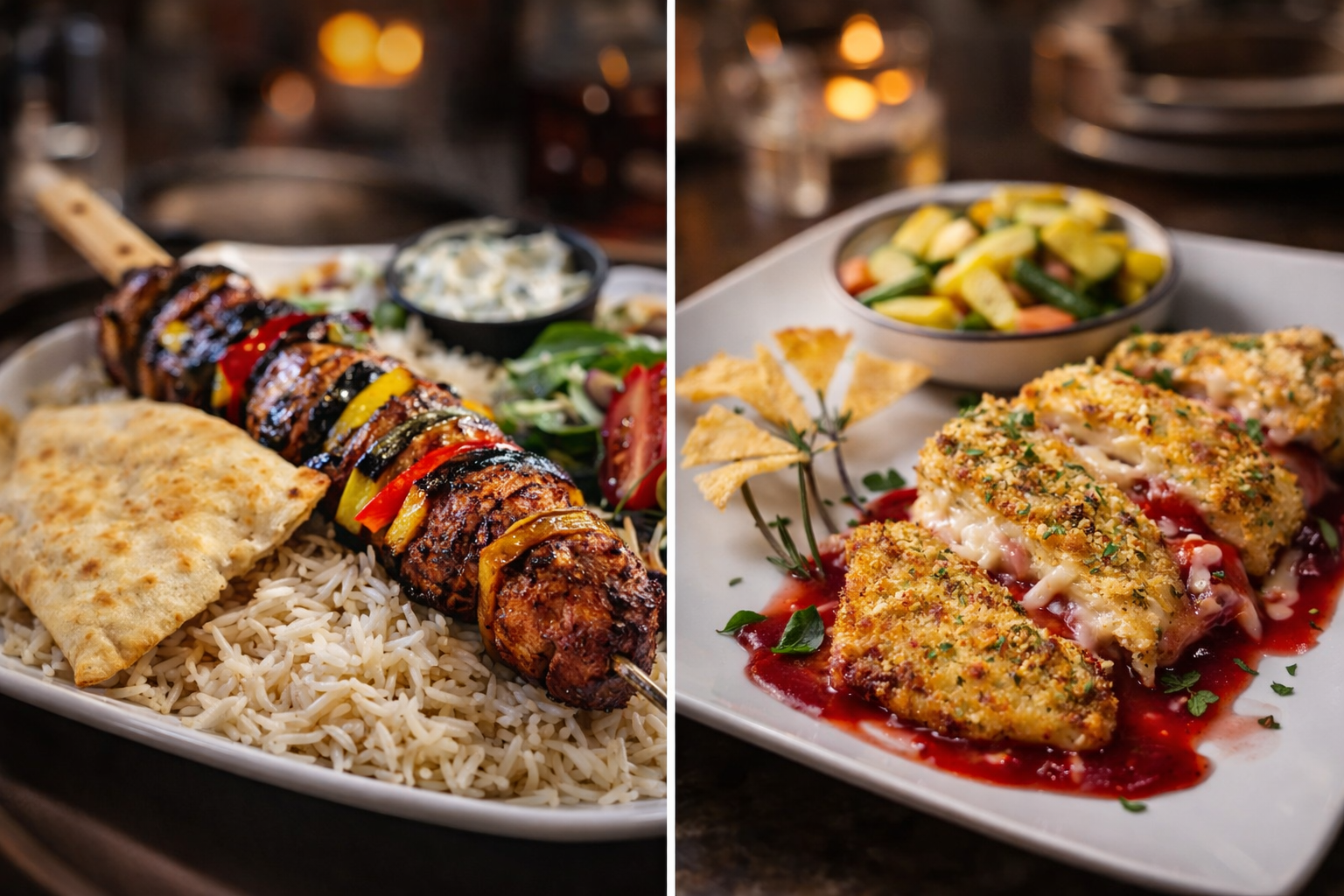 Left side shows a plate of rice, grilled skewered meat and vegetables, pita bread, and a dish of vegetables. Right side shows breaded chicken breasts topped with sauce and herbs, served with a side of mixed vegetables.