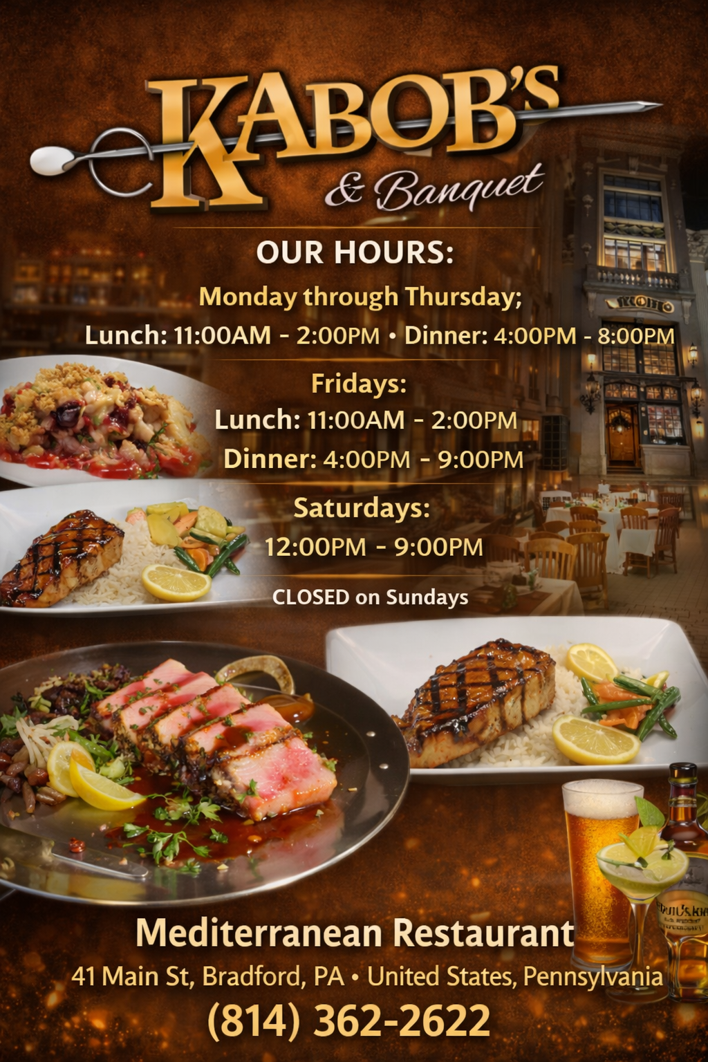 Restaurant menu poster for Kabob's & Banquet, displaying hours of operation, images of Mediterranean dishes, and contact information.