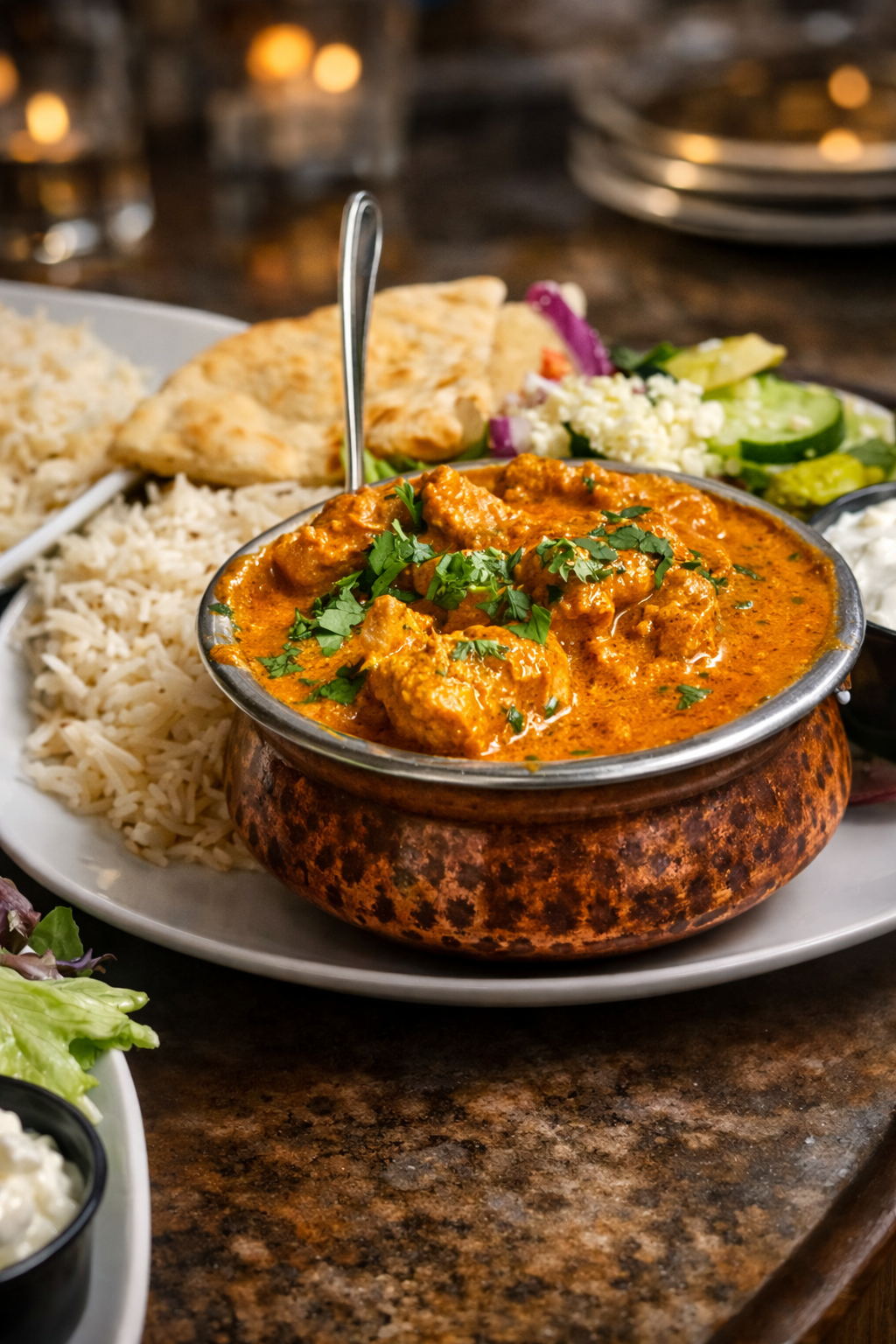 A bowl of Indian butter chicken garnished with cilantro, served with rice, pita bread, and side salads on a white plate.