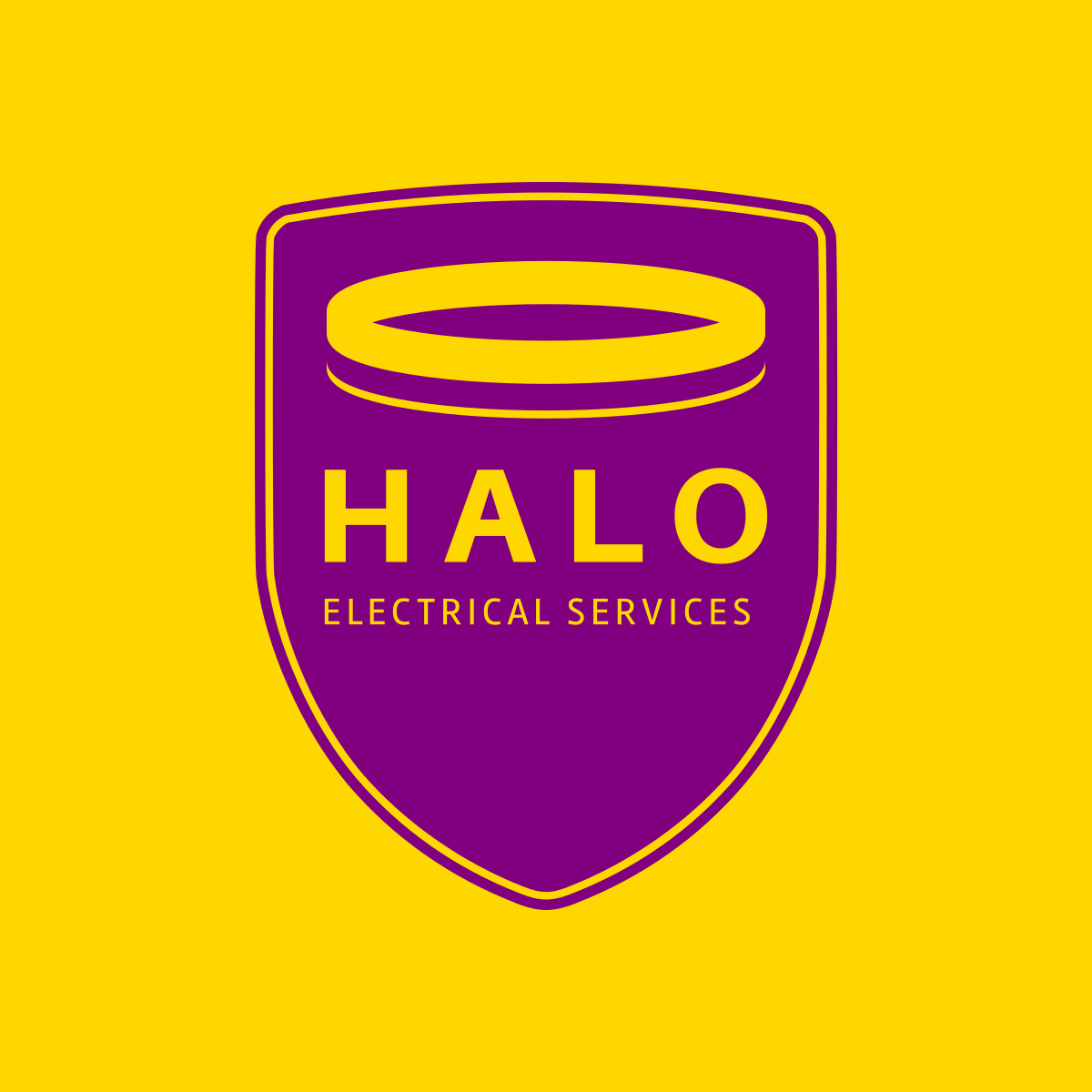 Logo for HALO Electrical Services with a purple shield and yellow background, featuring a yellow ring above the company name.