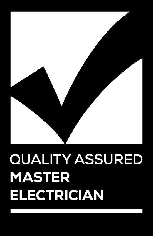 A black and white certification logo with a large checkmark and the text 'Quality Assured Master Electrician'.