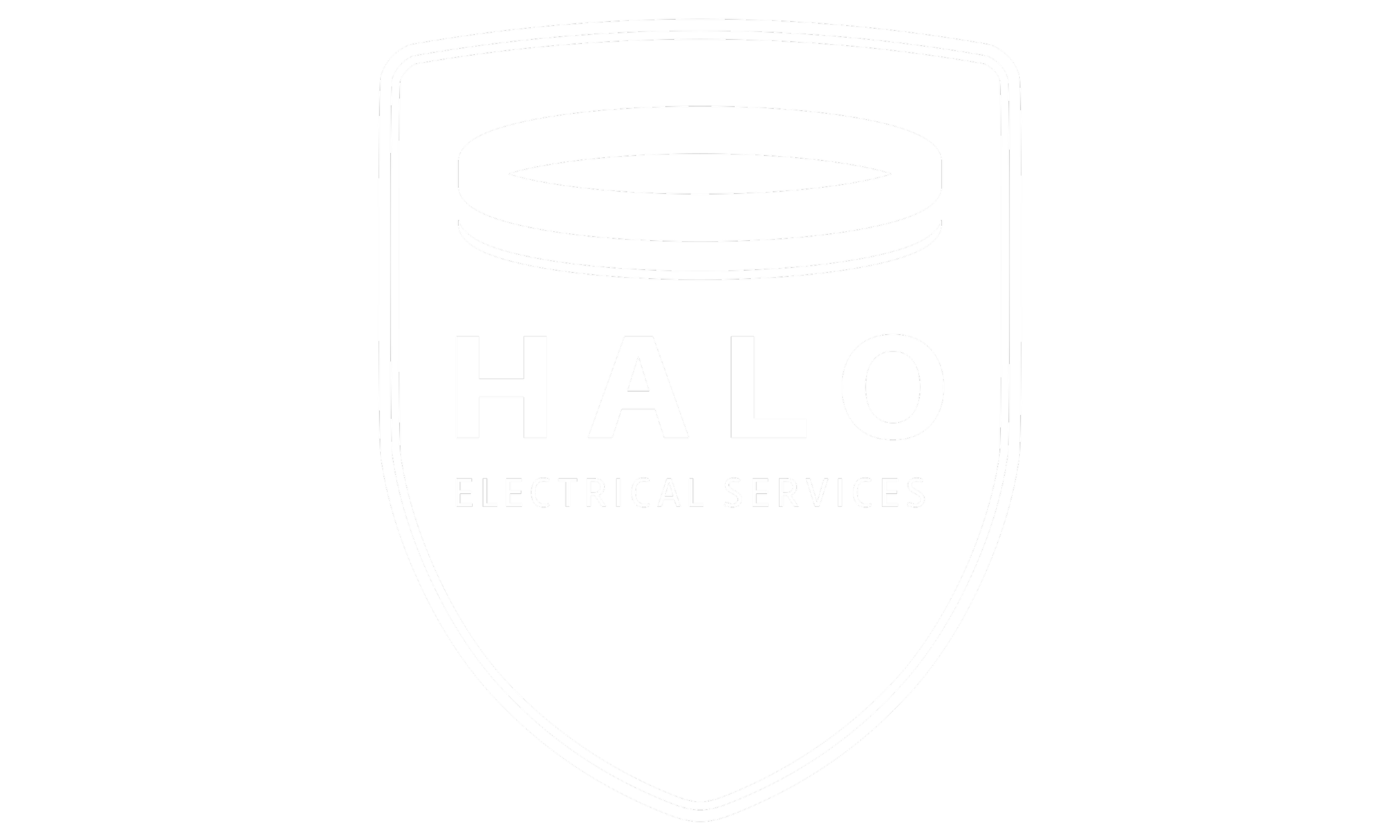 Black and white logo of Halo Electrical Services with a shield design and a stylized halo at the top.