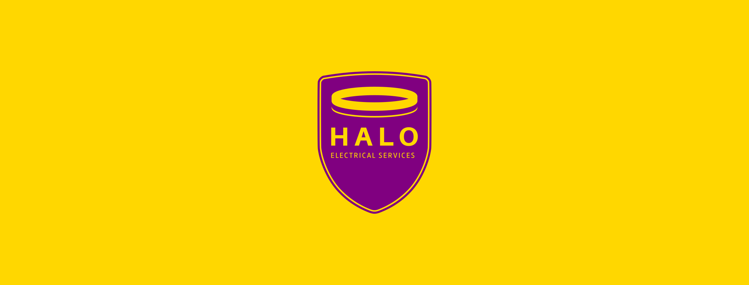 Bright yellow background with purple shield-shaped logo featuring a yellow halo outline. The logo contains the text 'HALO ELECTRICAL SERVICES' in yellow.