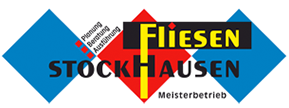 Logo mit blauen, roten, gelben und schwarzen Elementen, Text 'Fliesen Stockhausen' und 'Meisterbetrieb'.