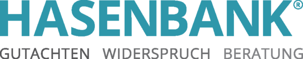 Das Bild zeigt das Logo von HASENBANK mit den Worten 'GUTACHTEN WIDERSpruch BERATUNG' darunter.